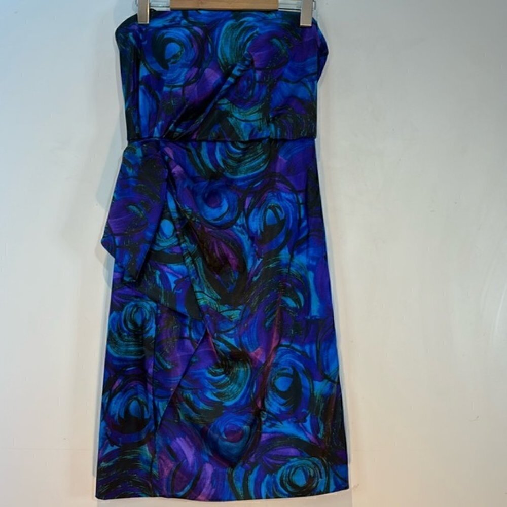 Vintage Maggy London satin strapless peacock print dress size 6
